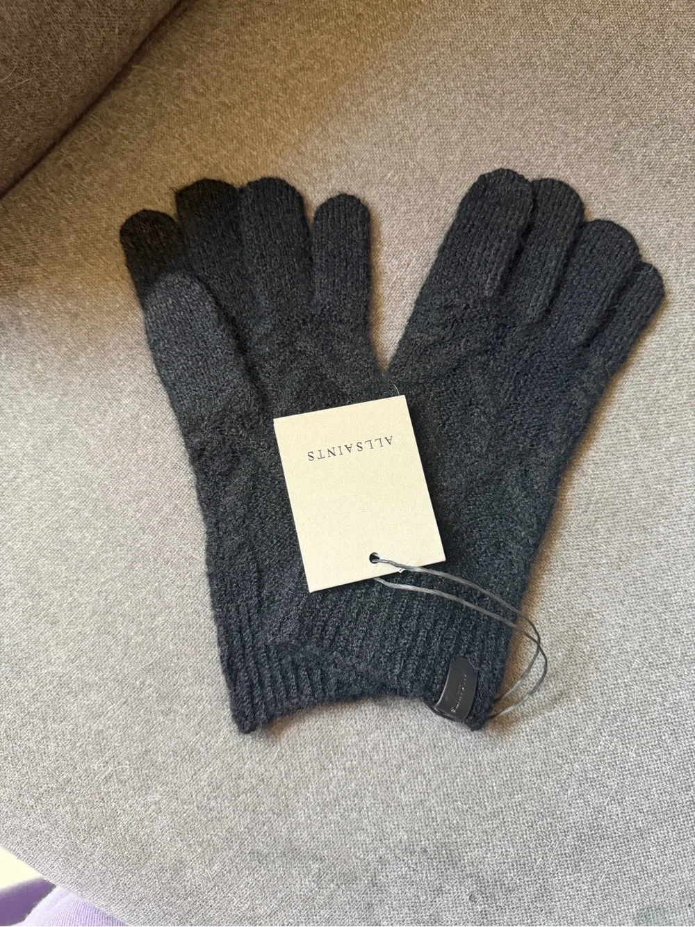 All Saints Black Black Cable Knit Gloves NWT